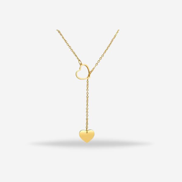 Y-shaped Double Heart Long Chain Golden Pendant Necklace For Girls